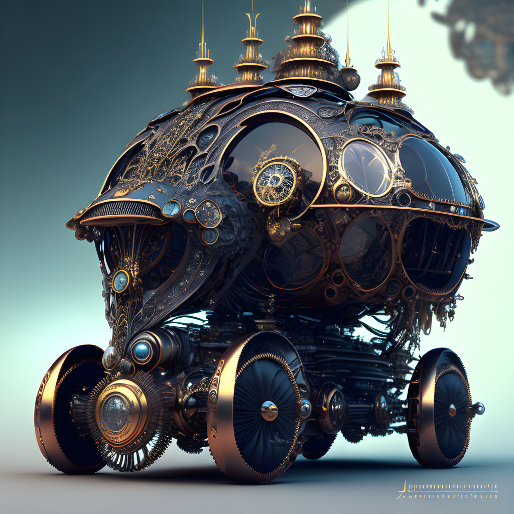 Steampunk-style spherical vehicle with intricate metalwork and gears on large wheels