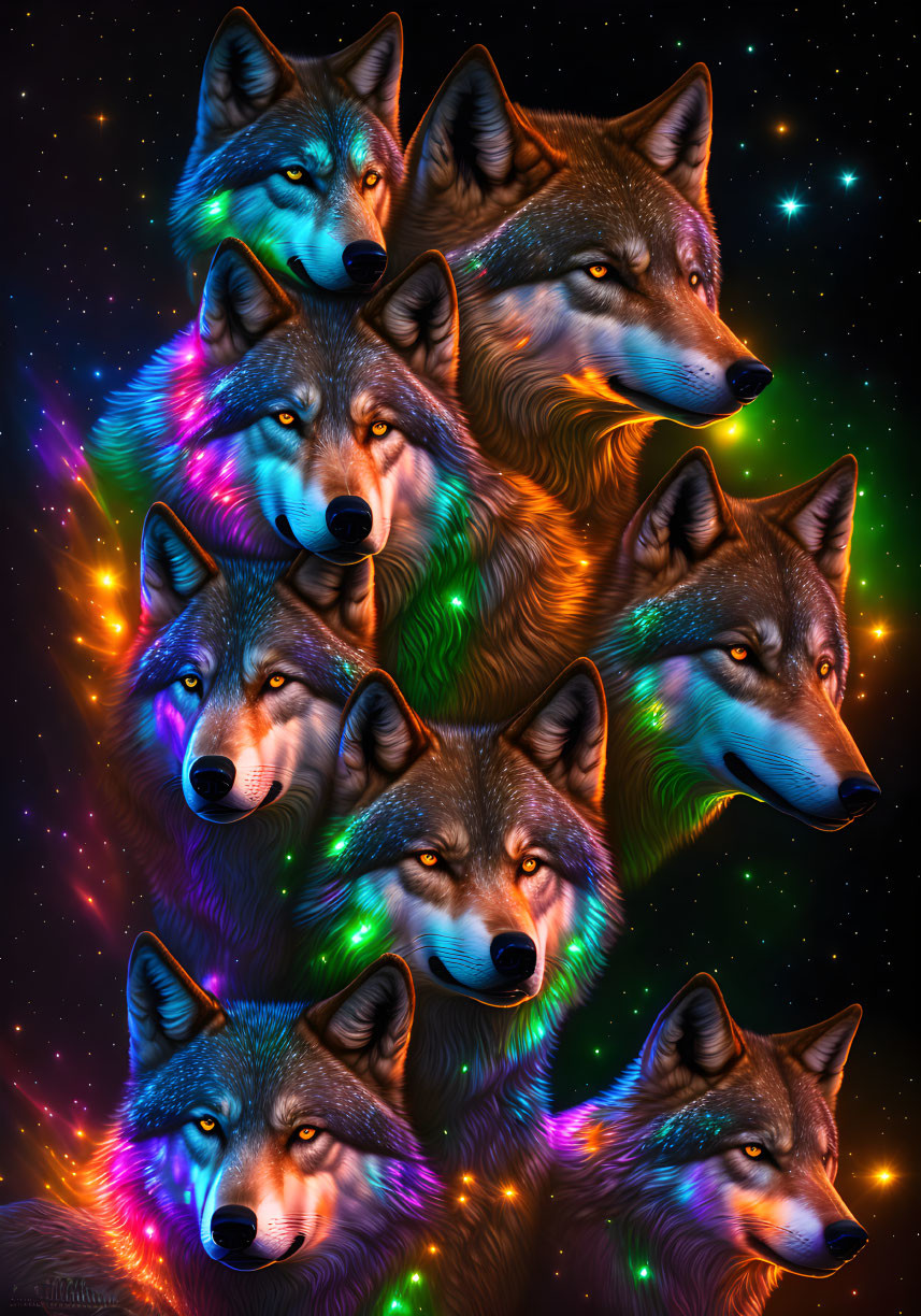 Multicolored wolf heads in cosmic starry digital art