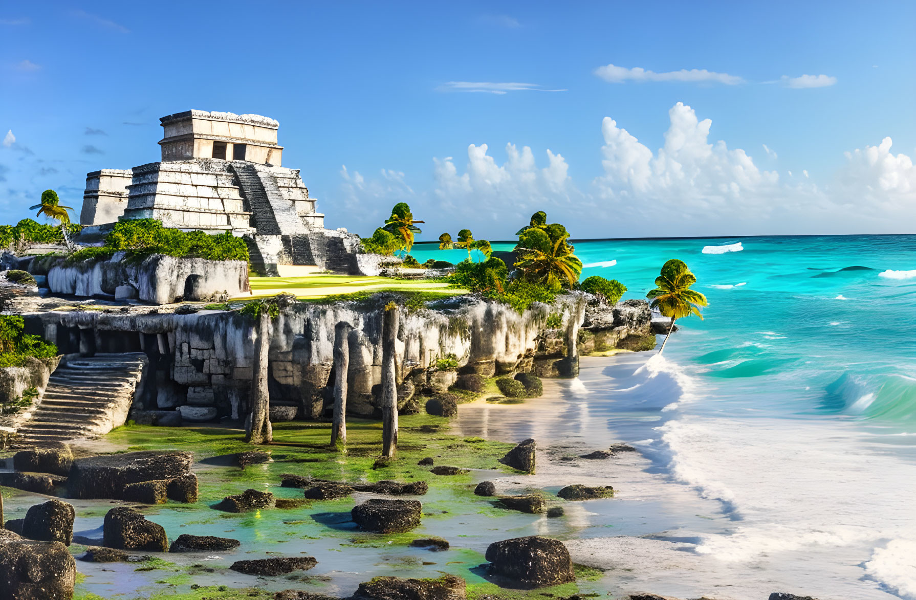 Ancient Mayan ruins overlooking tropical beach