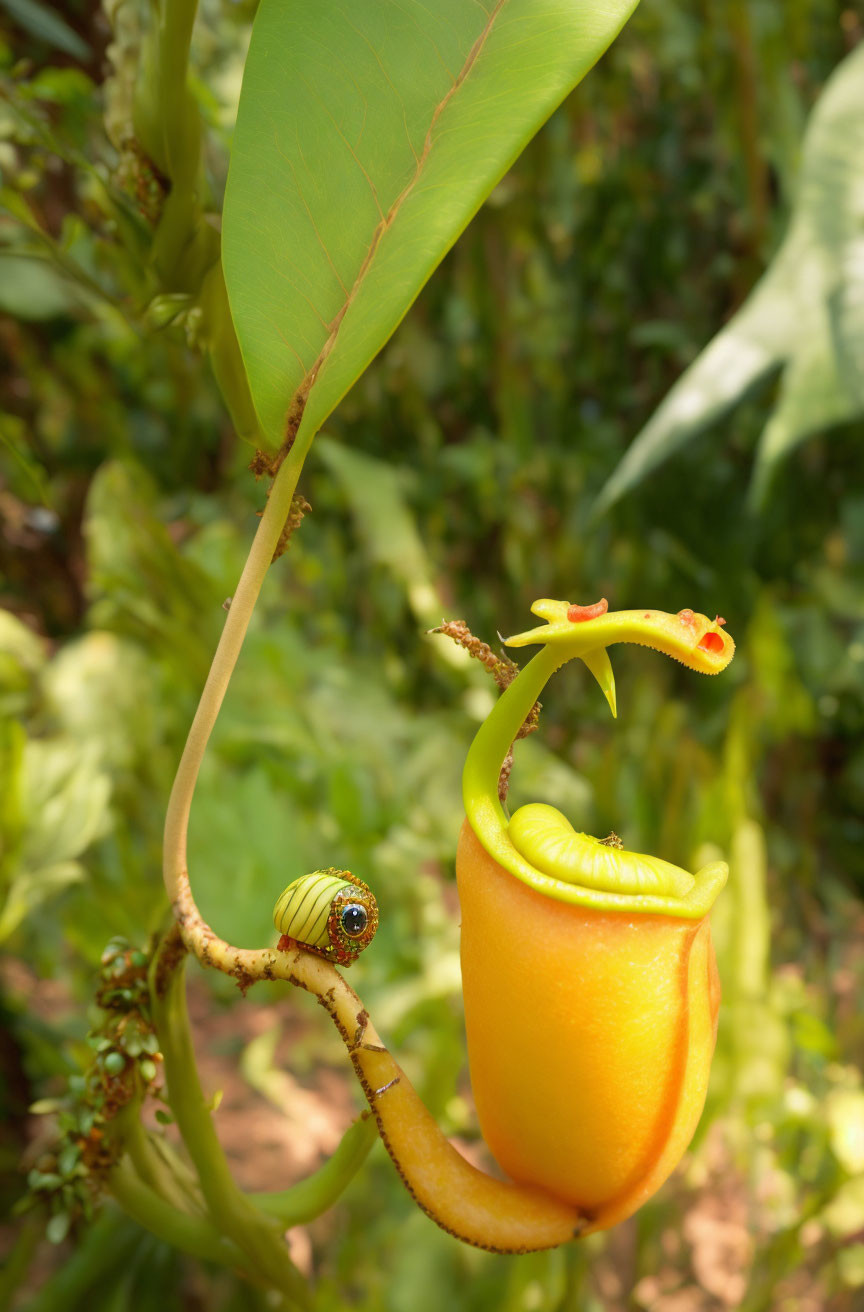 Vibrant red-green pitcher plant with droplet in lush tropical setting