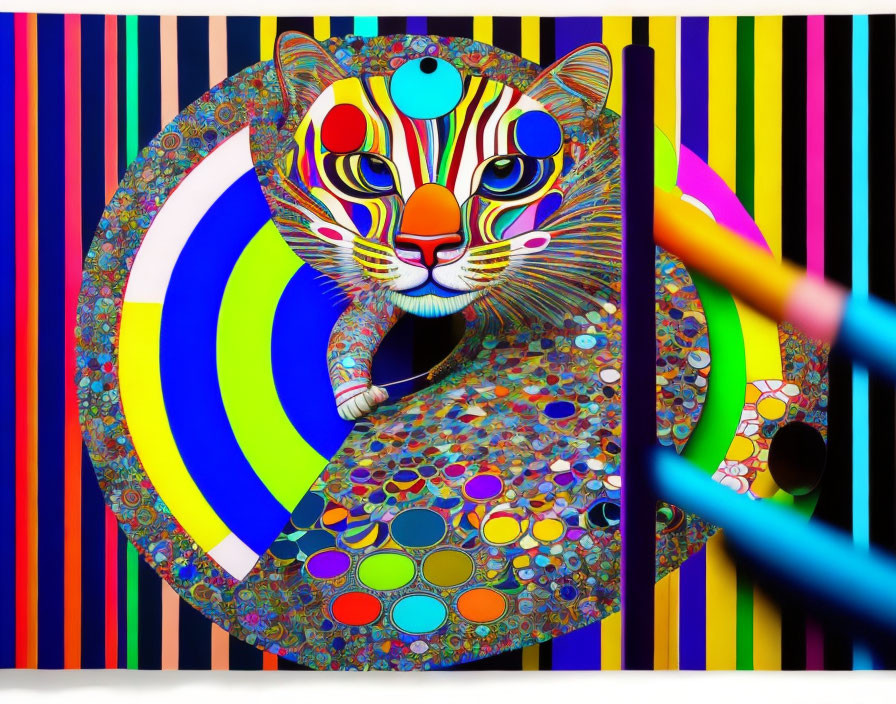 Colorful stylized cat art with intricate patterns on bold backdrop