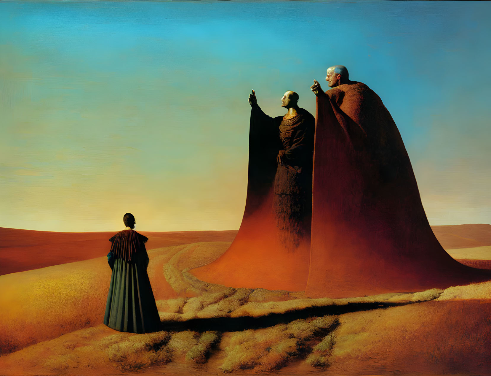 Surrealist painting with three robed figures in a desert