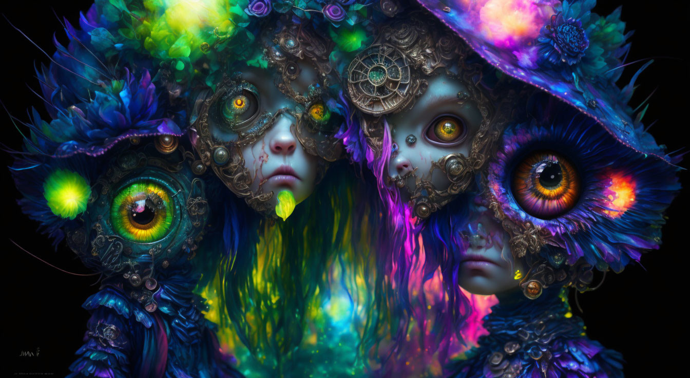 Colorful digital artwork featuring fantastical creatures with glowing eyes & intricate mechanical gears