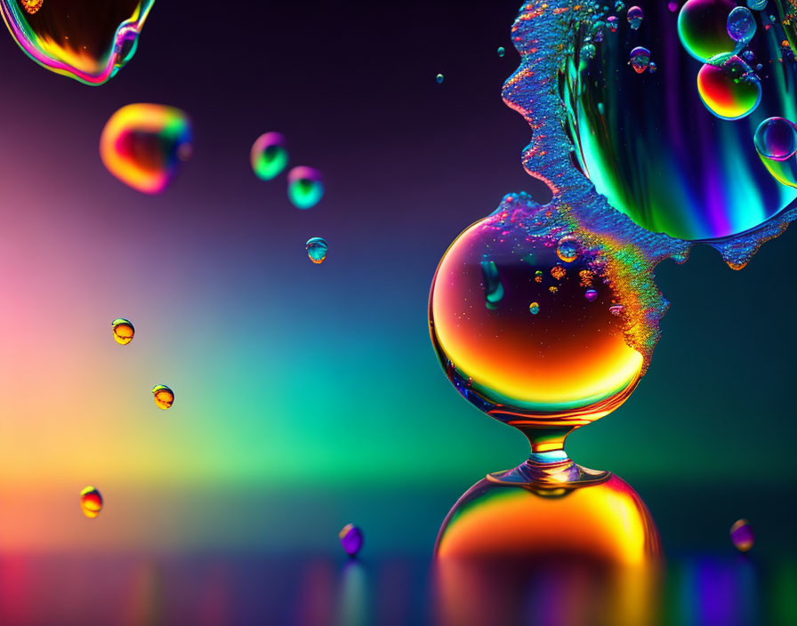 Colorful liquid droplets suspended in air on rainbow gradient background.