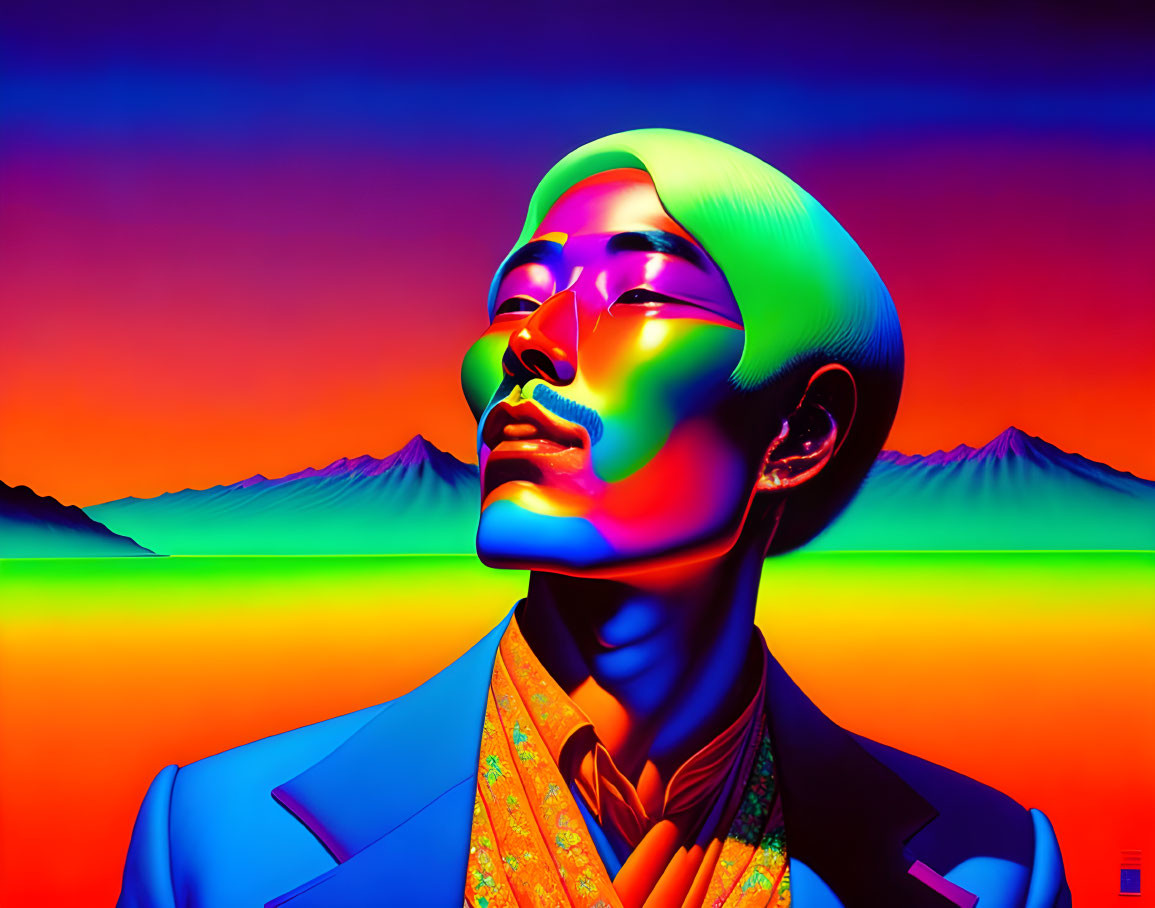 Colorful Portrait with Neon Hues Against Mountainous Backdrop