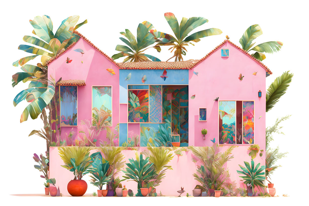 Vibrant pink tropical house with lush greenery and colorful windows