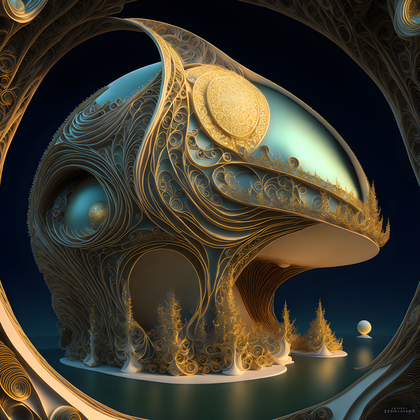 Surreal helmet-shaped structure in night sky reflection with intricate patterns