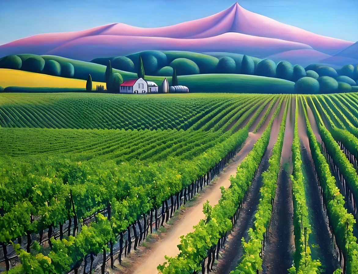 Colorful Vineyard Landscape Painting with Farmhouse & Hills