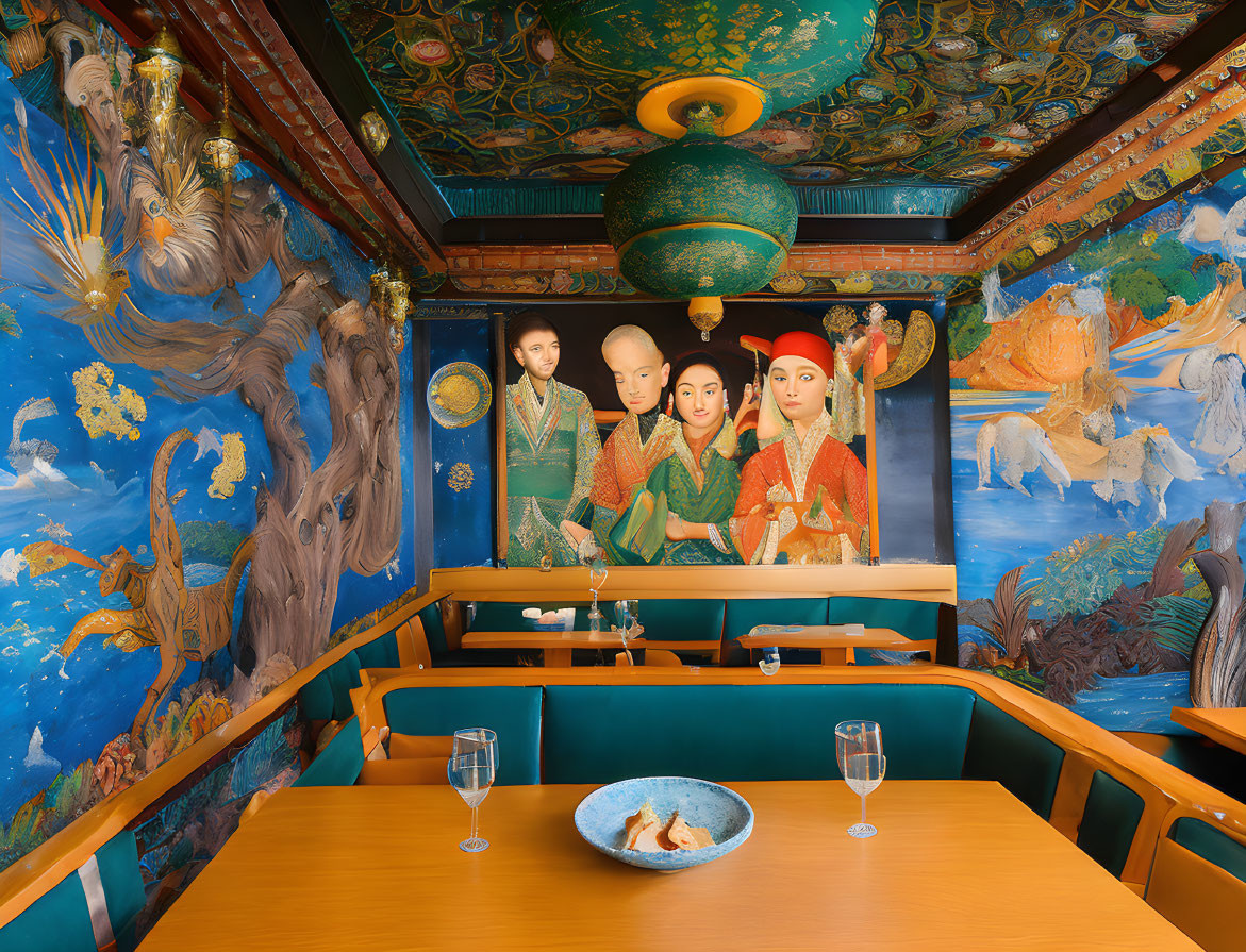 Colorful Asian-inspired mural room with figures painting, teal tables, and green hanging lamps