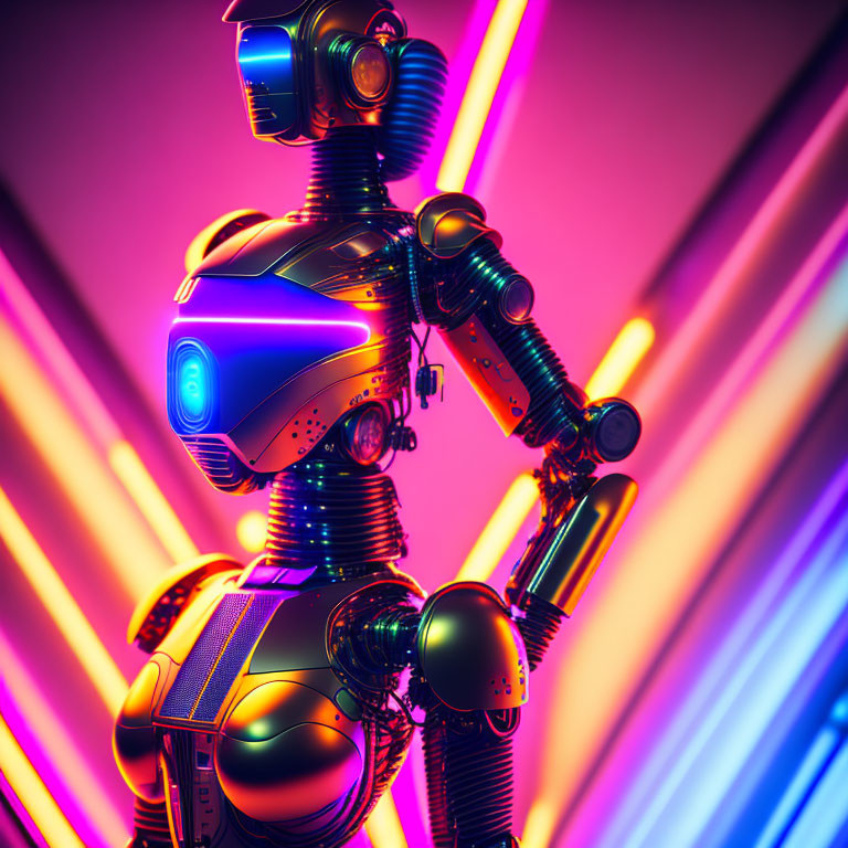 Futuristic robot in neon lights against vibrant backdrop