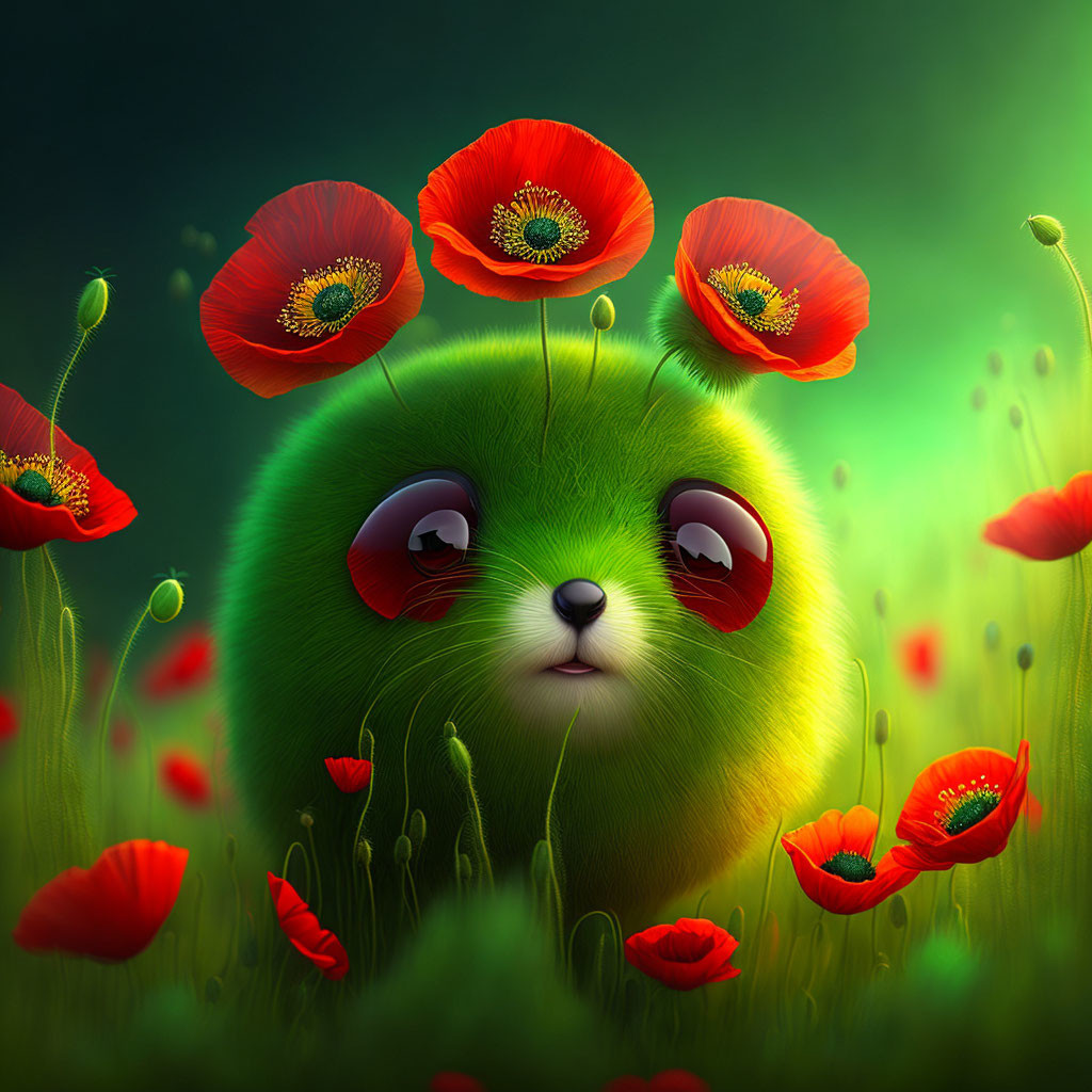 Whimsical green creature in vibrant poppy field