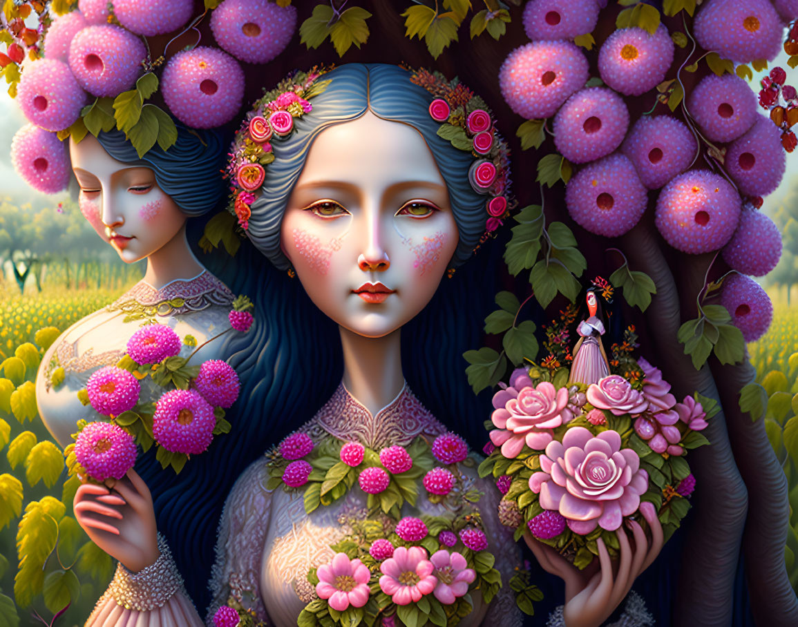 Stylized female figures with floral elements in vibrant garden