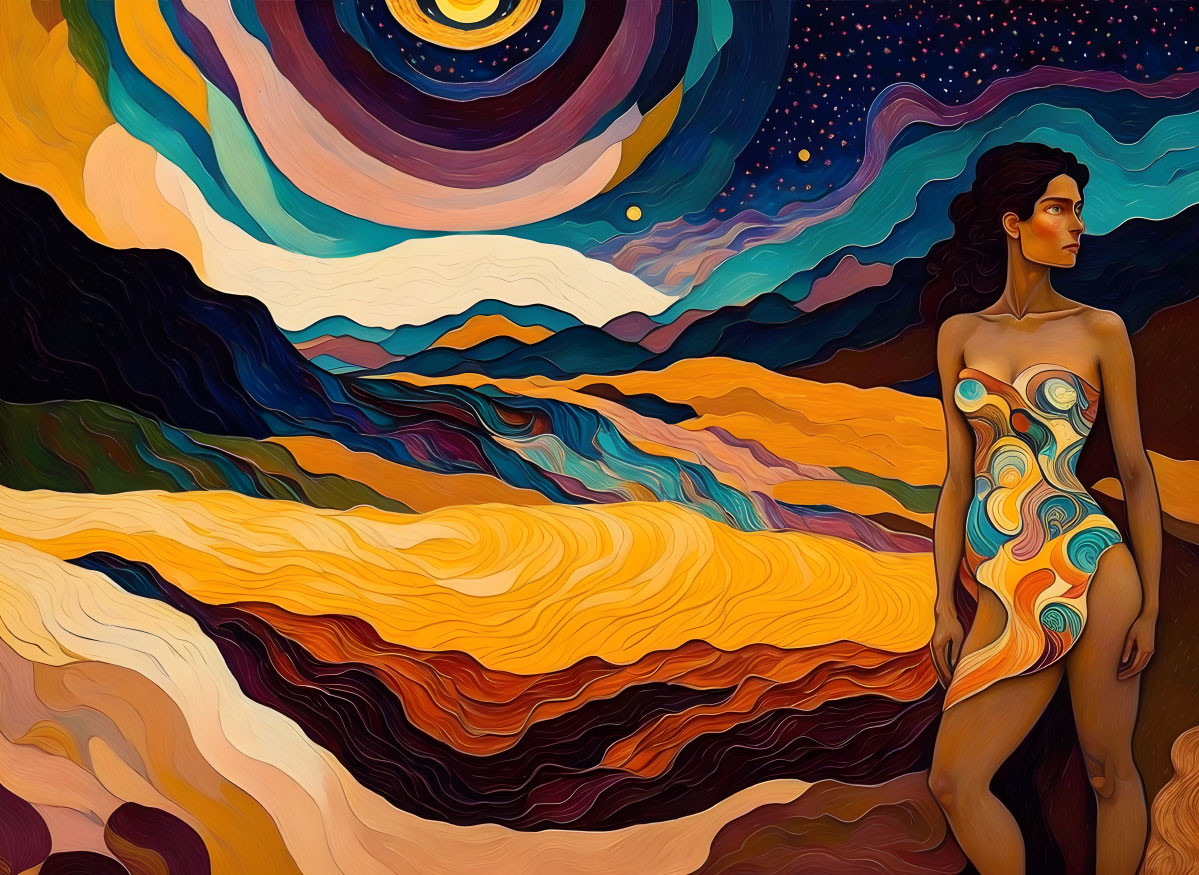 Surreal landscape painting with woman and swirling patterns