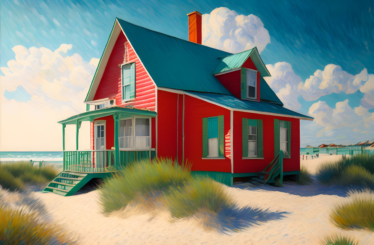 Red beach house with green roof and porch in sandy dunes under blue sky