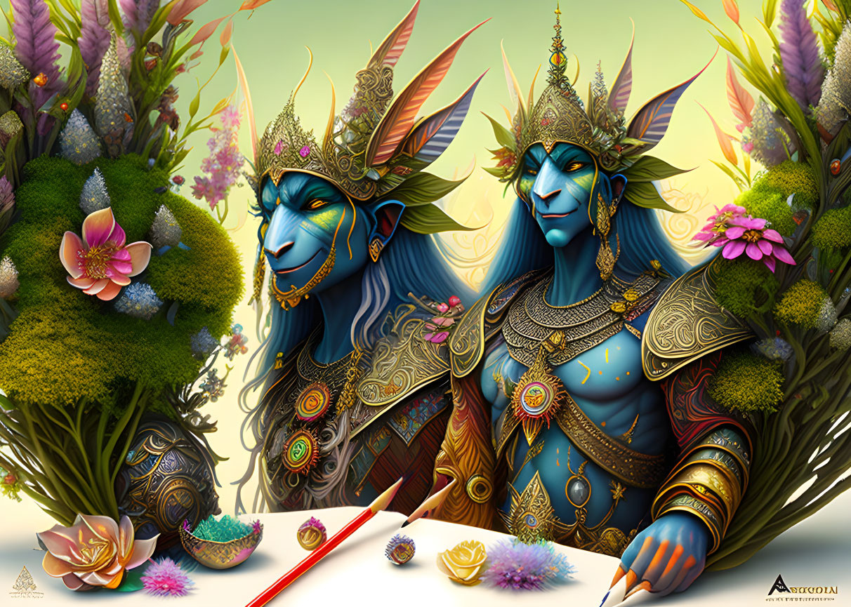 Fantasy illustration: Regal blue-skinned characters in golden armor amidst lush surroundings