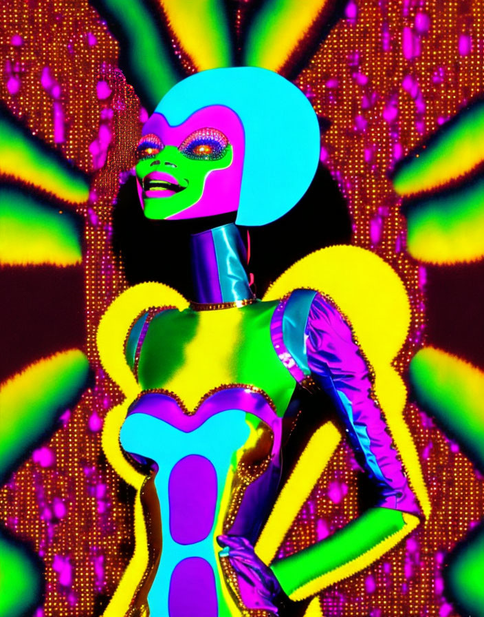 Futuristic robotic figure in colorful abstract setting