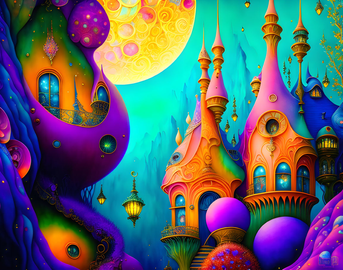 Colorful Castles and Moons in Fantasy Night Sky