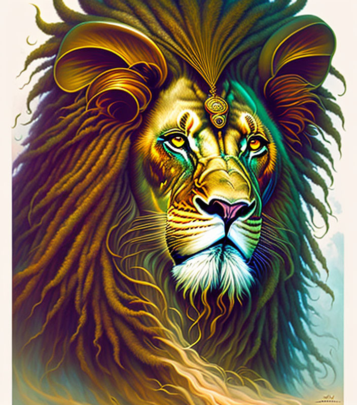 Vibrant lion face with intricate patterns and flowing mane on light background