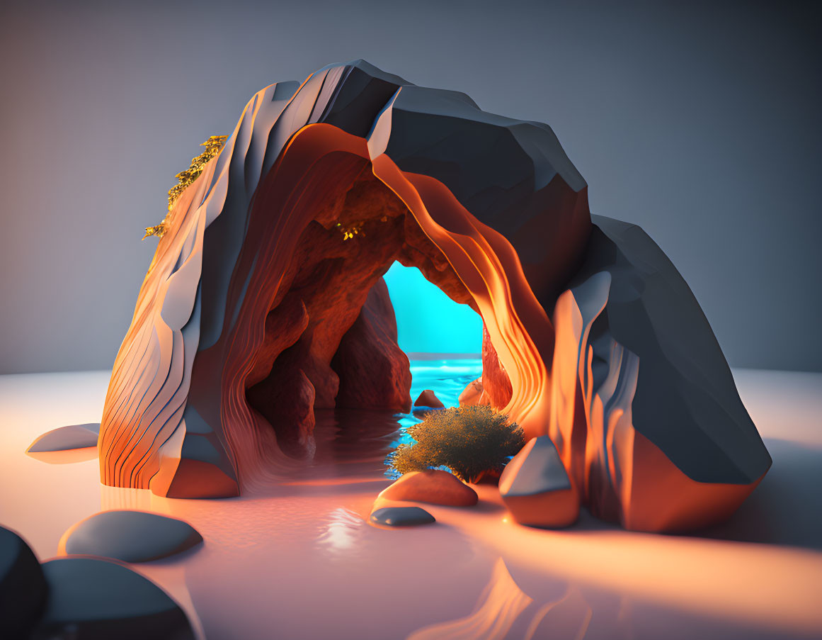 Rocky arch overlooking vivid blue sea in 3D-rendered scene