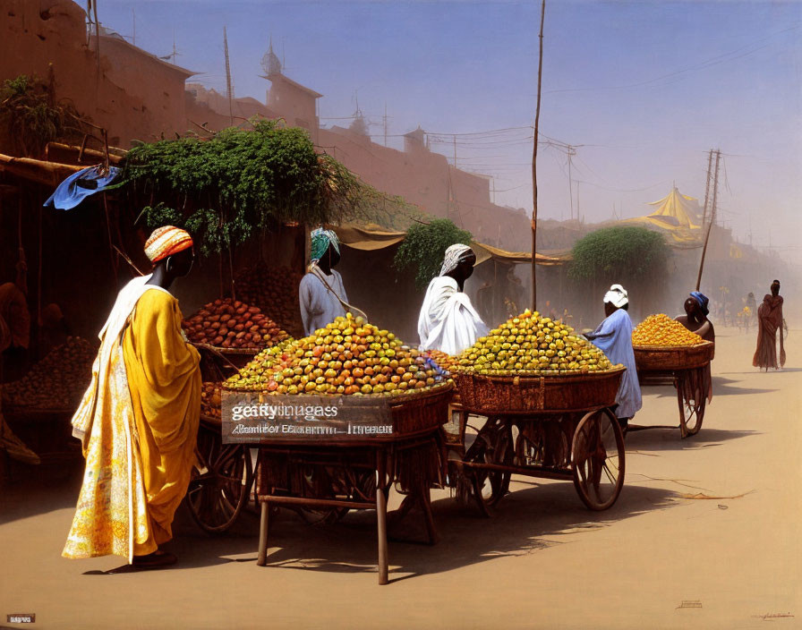 Busy Street Scene with People, Oranges, and Buildings
