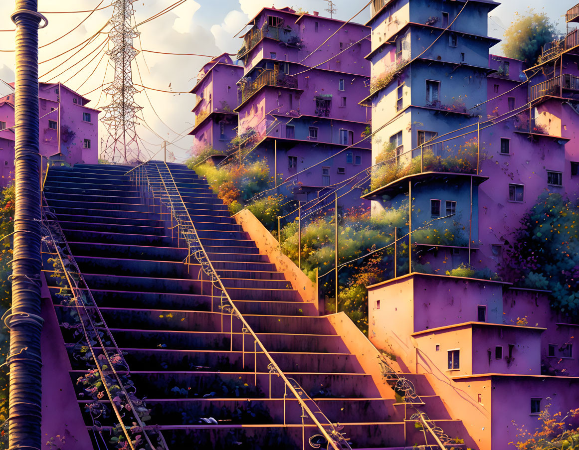 Illustration of vibrant purple buildings with greenery under sunset sky