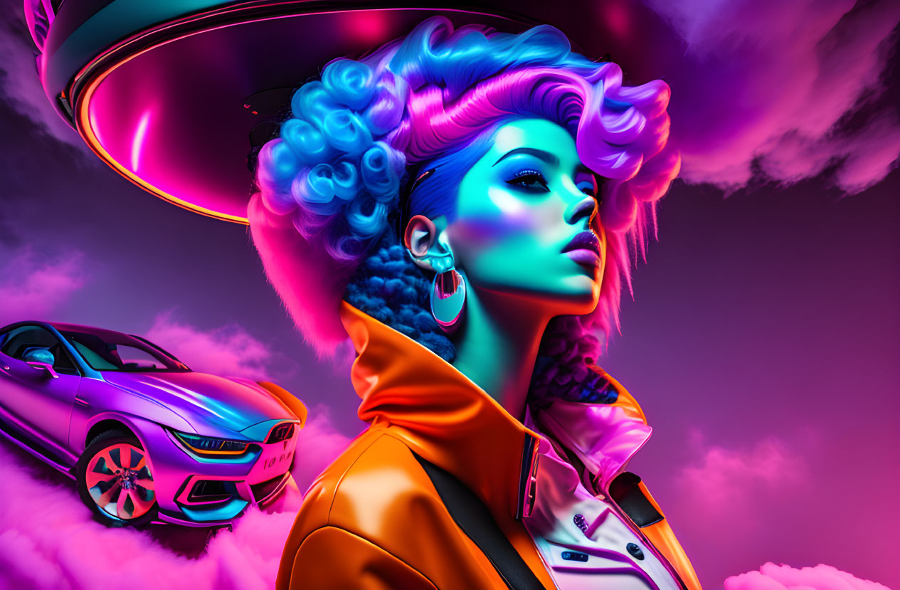 Vibrant digital artwork: stylized woman with blue hair and futuristic car under neon sky