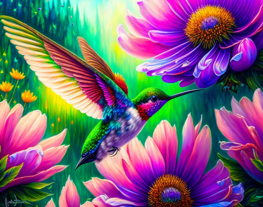 Colorful hummingbird painting with flowers on green background