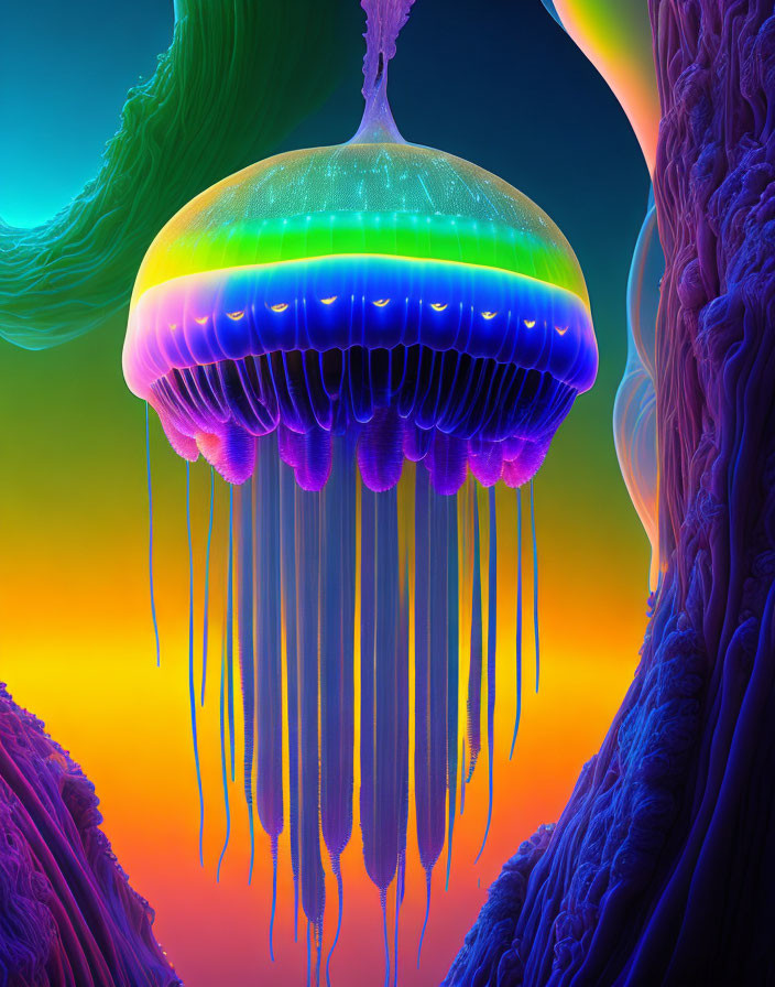 Colorful Digital Jellyfish Against Abstract Background