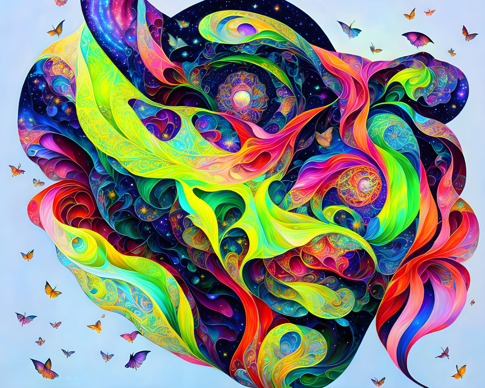 Colorful Psychedelic Artwork with Butterflies and Cosmic Floral Elements