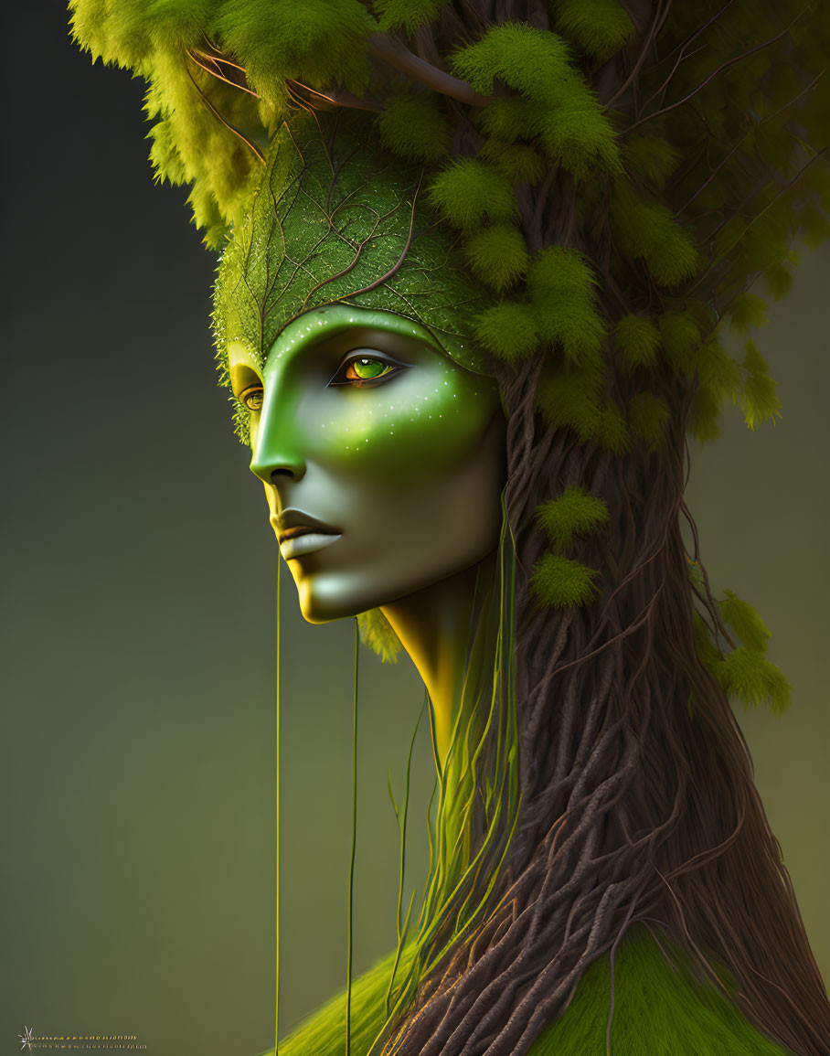 Green-skinned humanoid figure with leaf and tree-branch features in mystical digital artwork