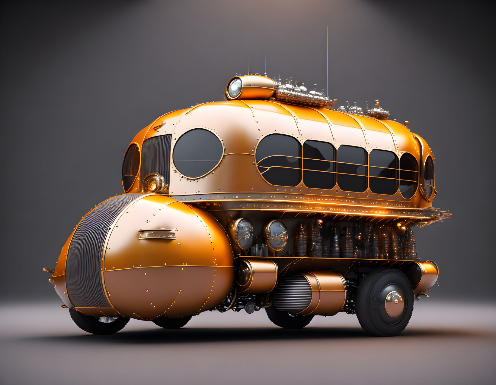 Futuristic Golden Bus with Round Windows in 3D Render