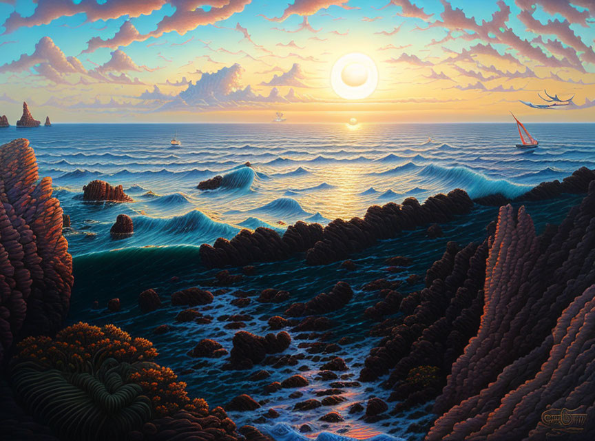 Scenic seascape with waves, setting sun, boats, and rocky shores