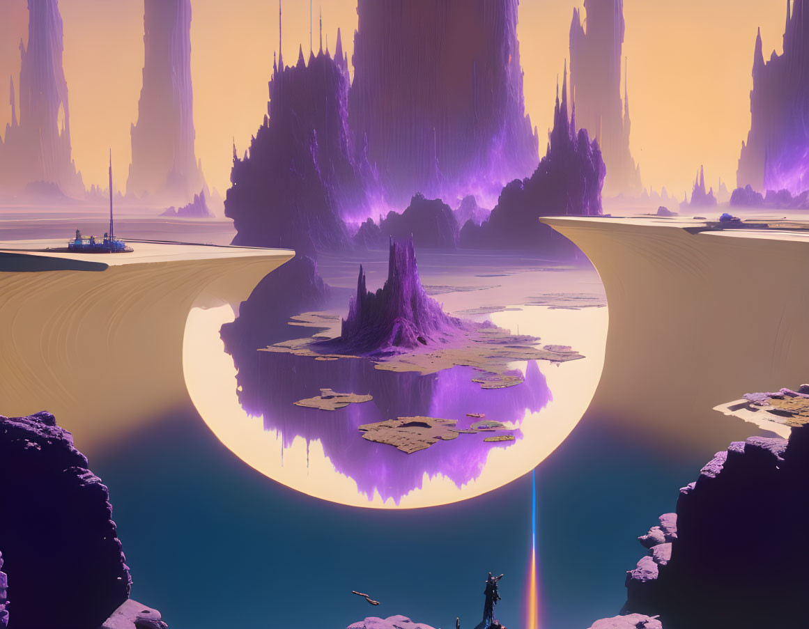 Futuristic landscape with towering spires, inverted circular landmass, waterfalls, and distant ship