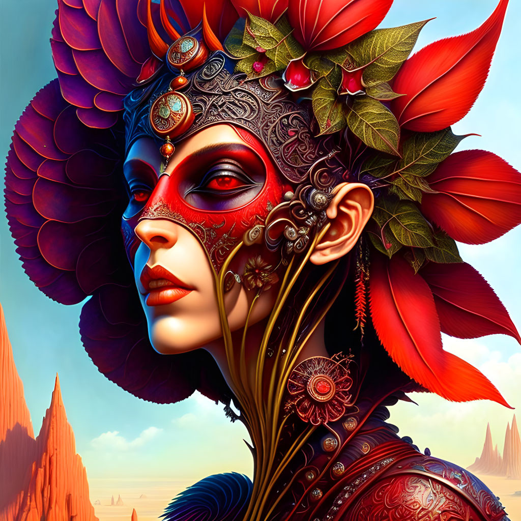 Detailed illustration of woman with red and gold body art, floral and mechanical elements, against blue sky and