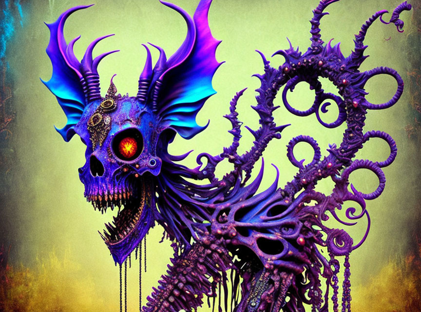 Colorful digital artwork featuring fantastical creature with skull-like head & tentacle-like appendages in purple