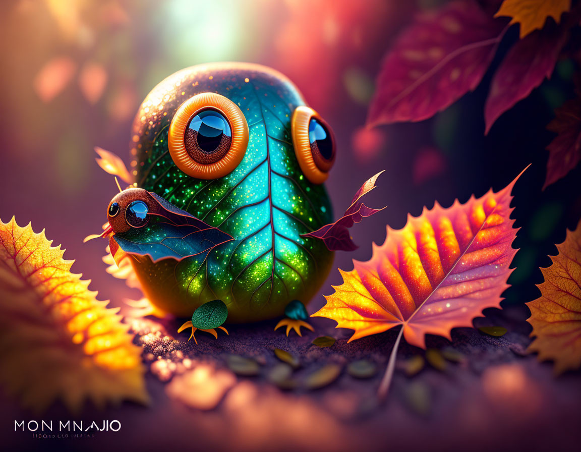 Vibrant digital artwork of stylized chameleon blending with autumn leaves