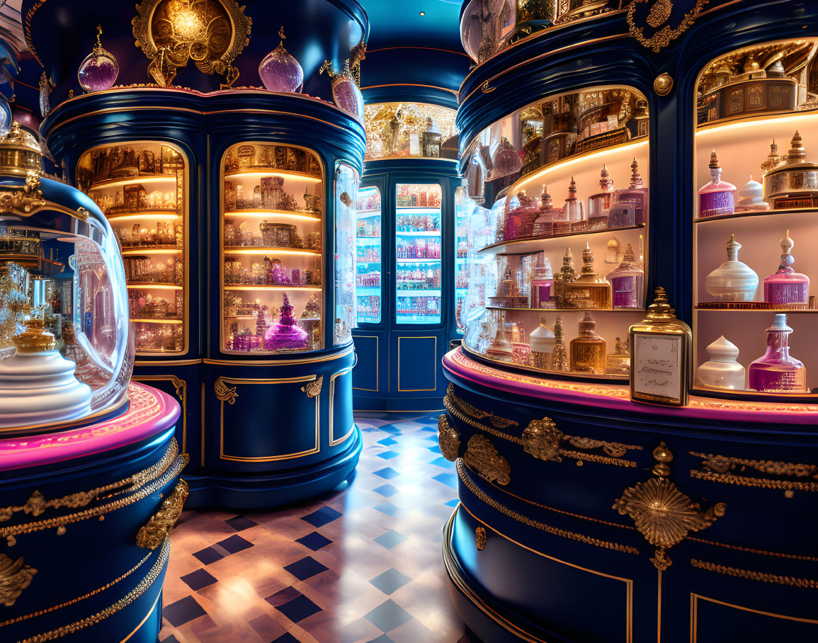 Luxurious Blue and Gold Perfume Shop Interior