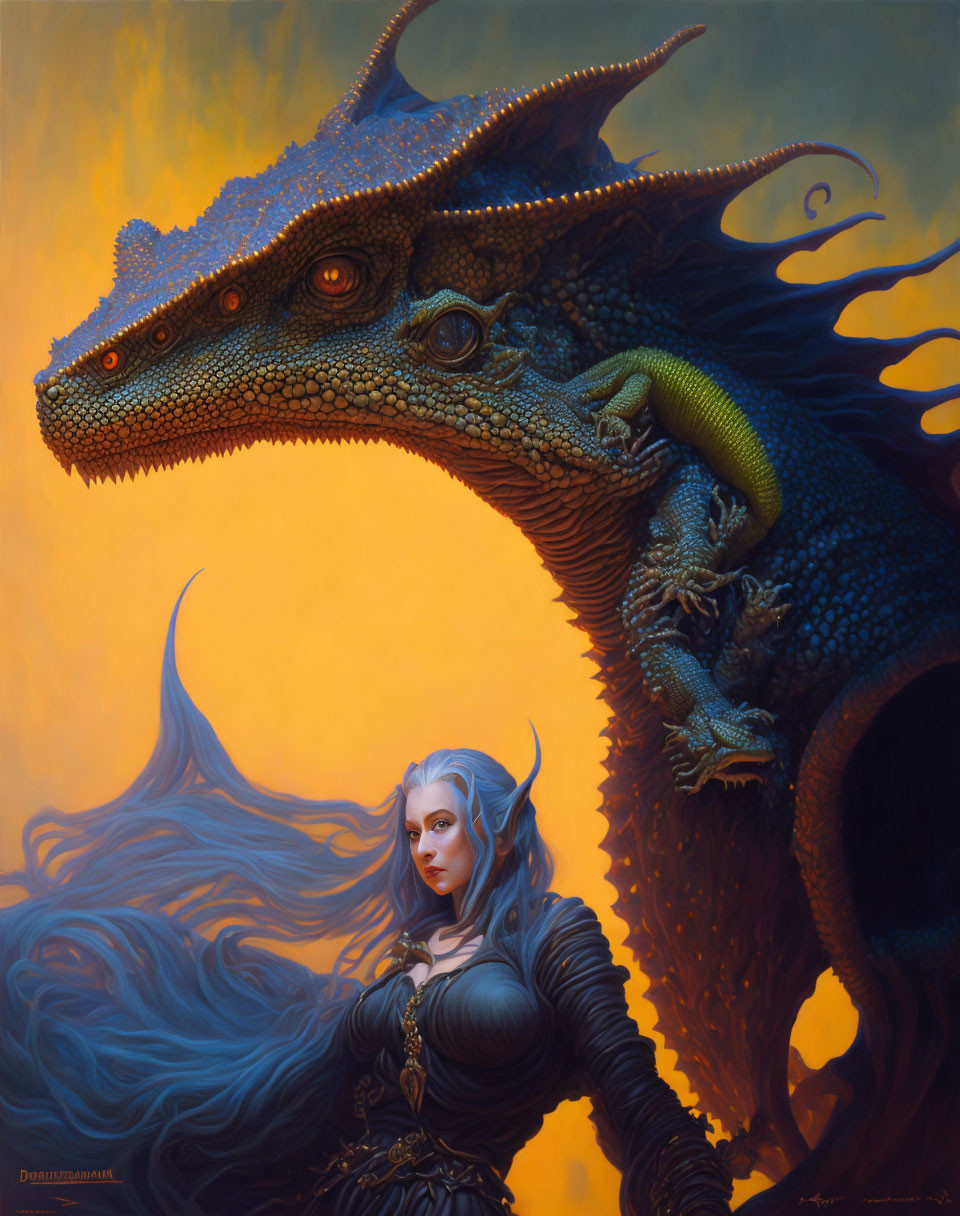 Fantasy illustration of woman with elfin features and blue dragon in amber-hued setting