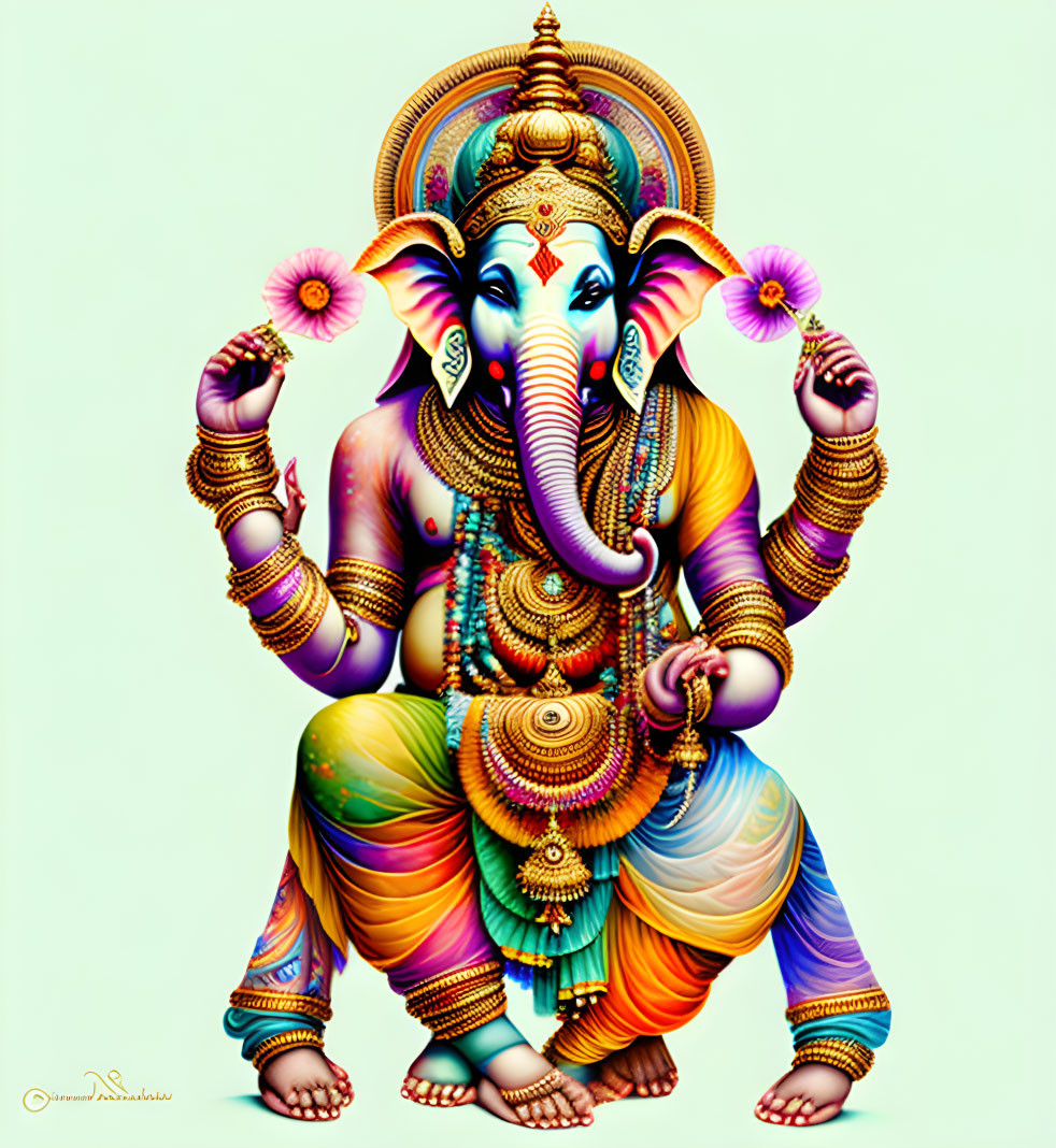 Colorful artistic depiction of Hindu deity Ganesha with four arms and intricate jewelry.