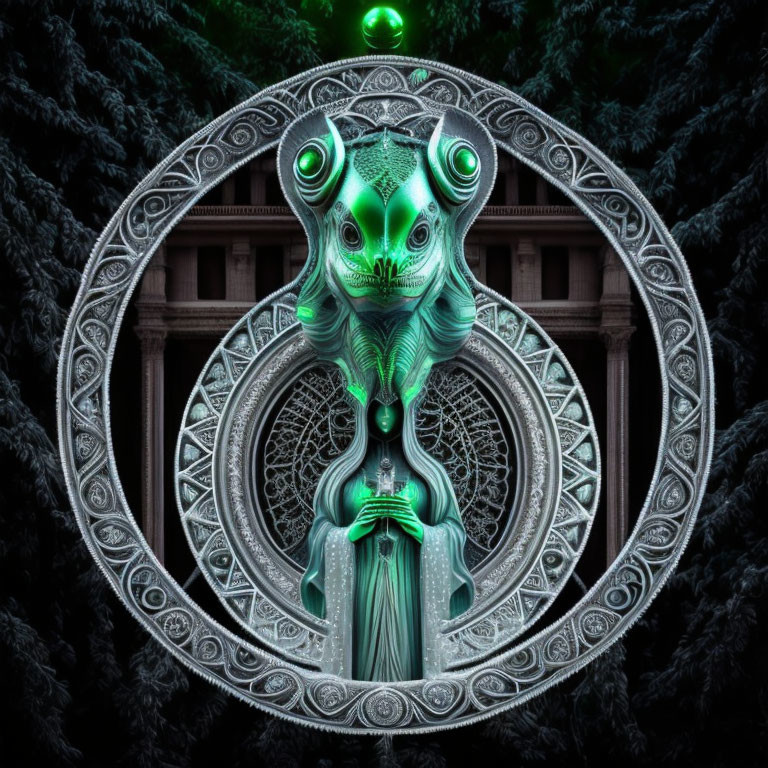 Symmetrical Green Creature in Silver Mandala on Dark Forest Background