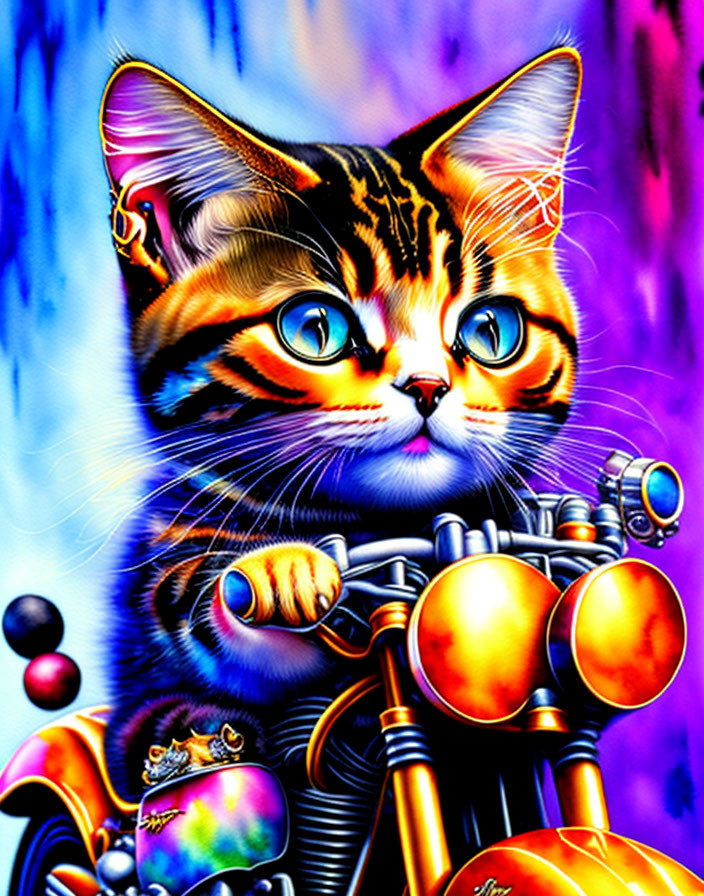 Illustration of orange tabby cat with blue eyes on metallic structure in purple and blue setting