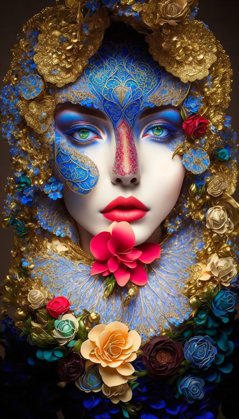 Person adorned with ornate face paint and golden headpiece on dark background