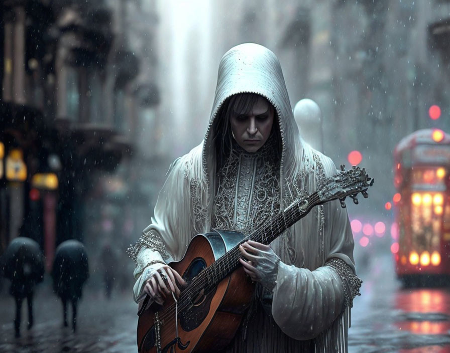 Hooded figure playing guitar on rainy city street