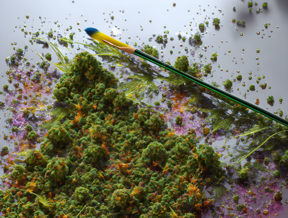 Vibrant green moss with water droplets and a small green-handled brush