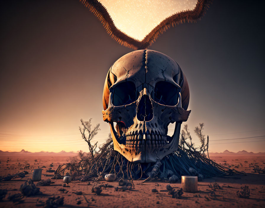 Surreal giant skull with branch crown in desert landscape