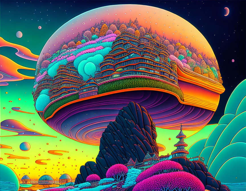 Colorful Psychedelic Landscape with Forests, Moons, and Whimsical Architecture