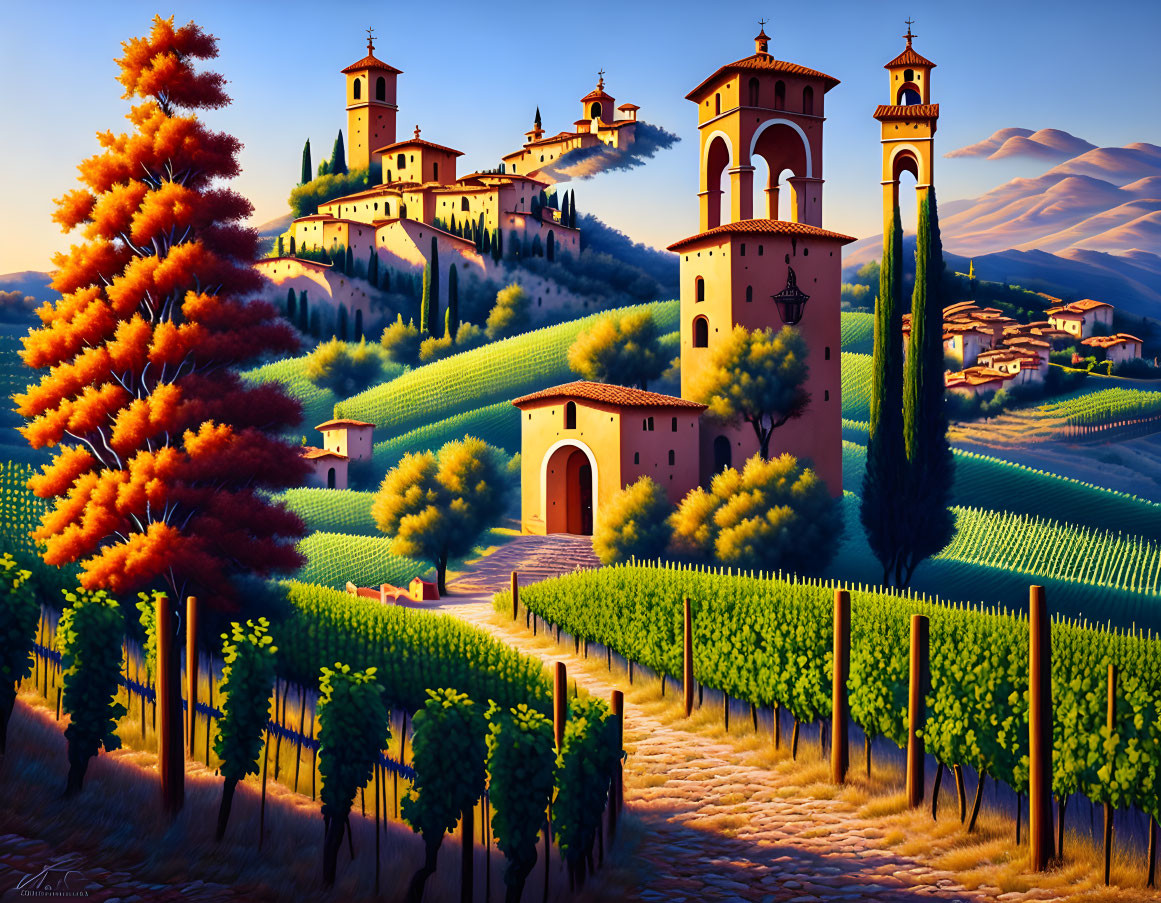 Colorful landscape with vineyards, cypress trees, and villas under clear sky