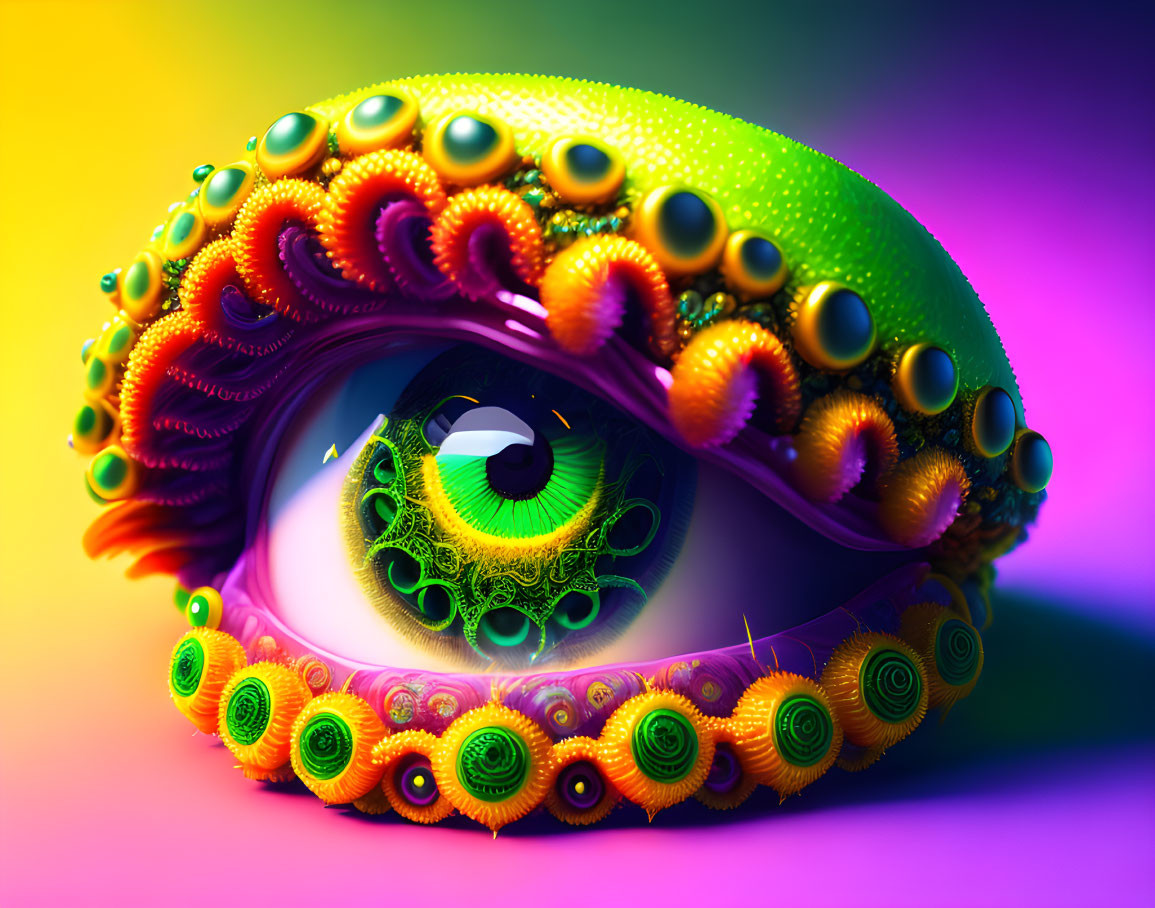 Colorful fractal eye with vibrant eyelashes on gradient backdrop