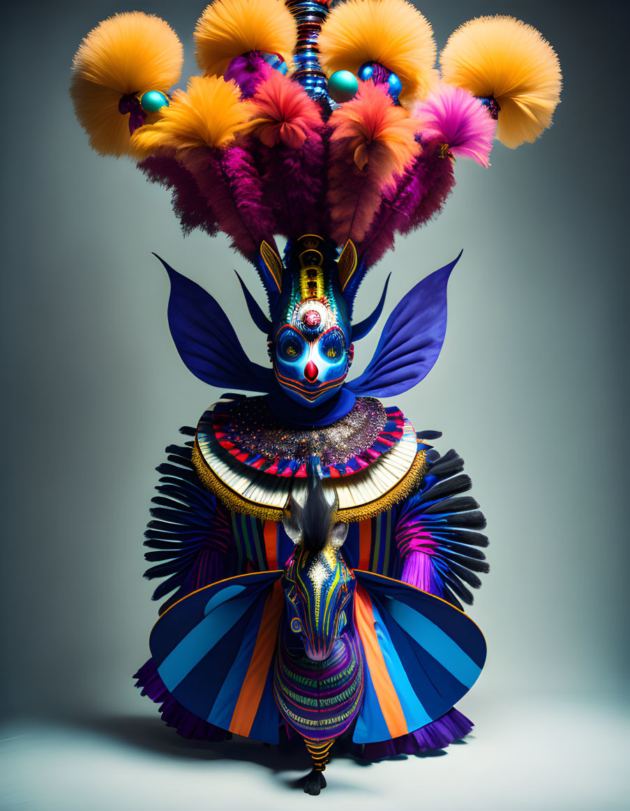 Colorful Feathered Mask Costume with Elaborate Design