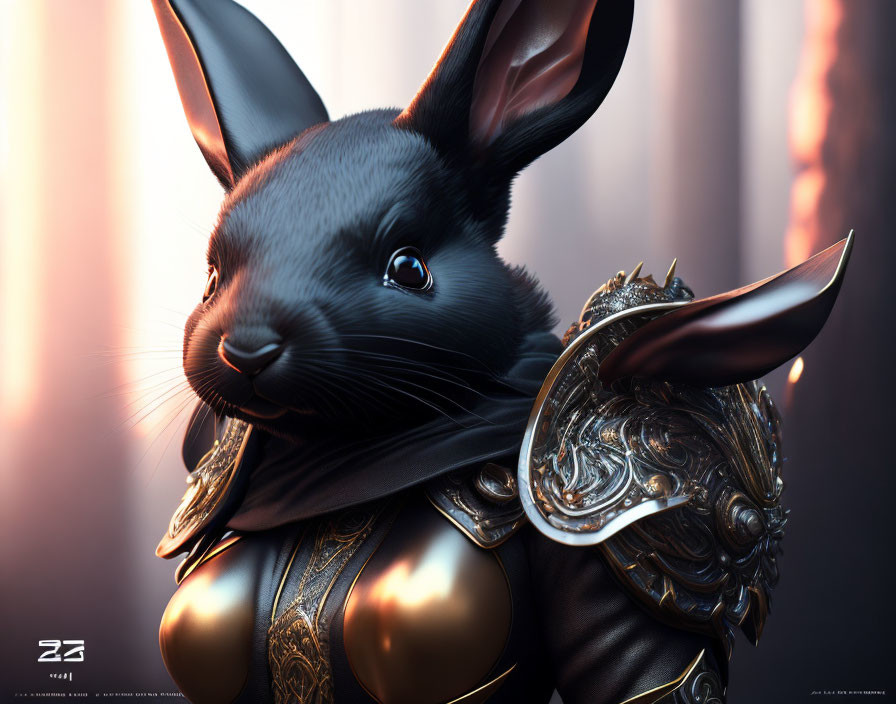 Stylized black rabbit in golden armor and regal cape on warm-toned background